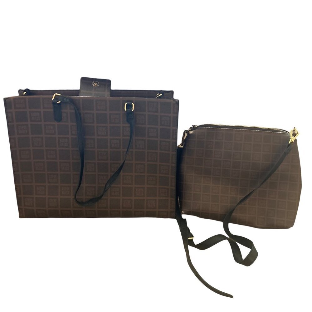 STEVE MADDEN PLAID TOTE SET BLIVIA COGNAC LOGO WITH PURSE - Picture 8 of 8
